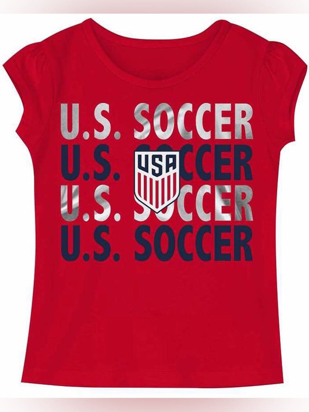 Girl’s U.S. Soccer Red T-Shirt, Silver & Navy Metallic Print, Size L (10/12)